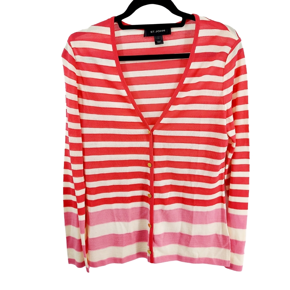 St. John Pink striped cardigan V neck Small